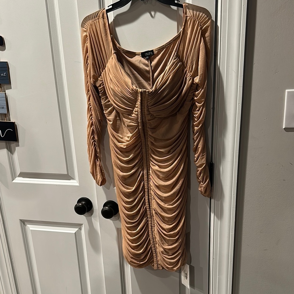 Talent Chic Ruched Tan Mini Dress